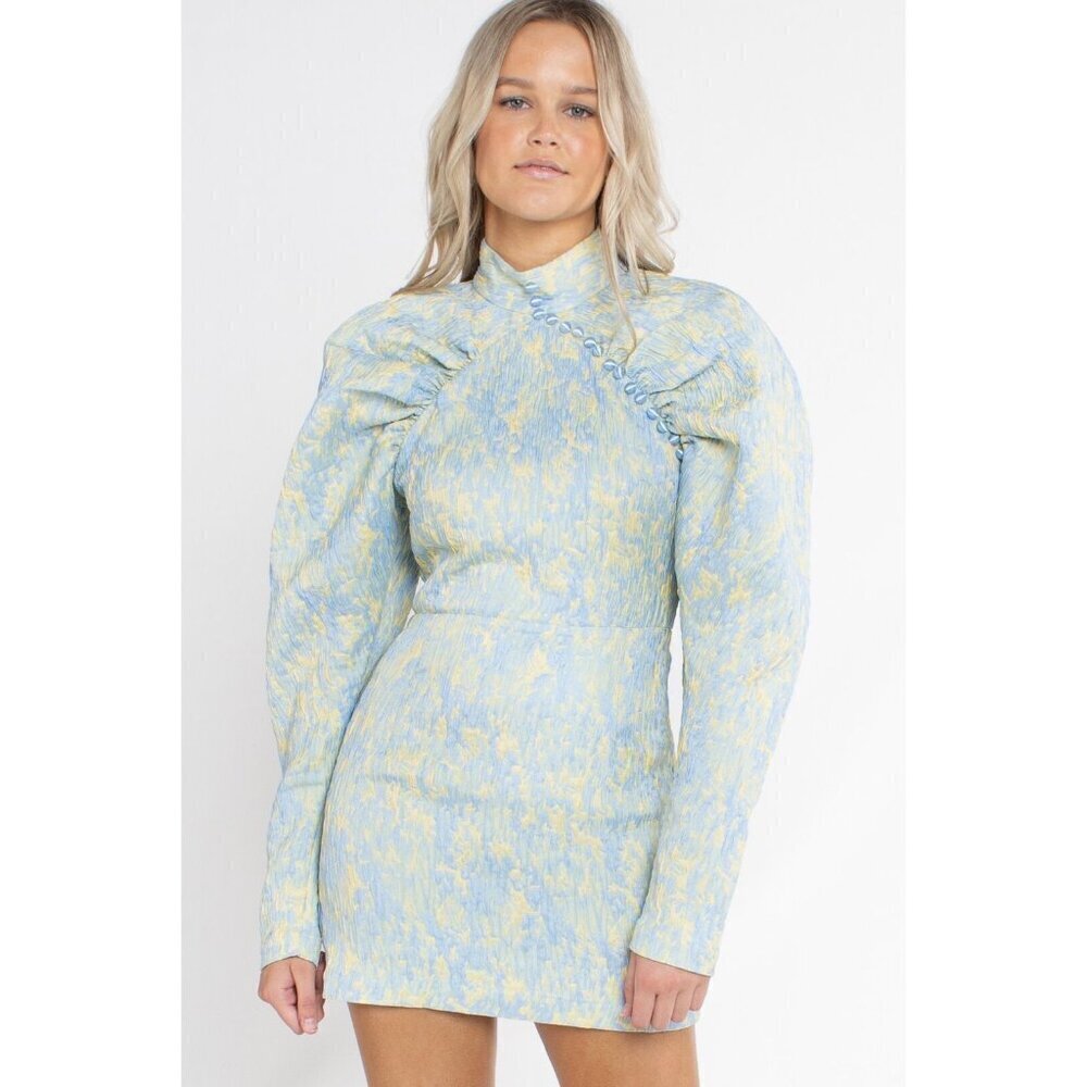 💕ROTATE💕 Button-Detailed Ruched Crinkled-Jacquard Mini Dress Angel Fall 8 NWOT - Picture 8 of 16